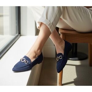 Anne‎ Klein IFLEX Size 11 Blue Suede Slip On Loafers Gold Chain Detail